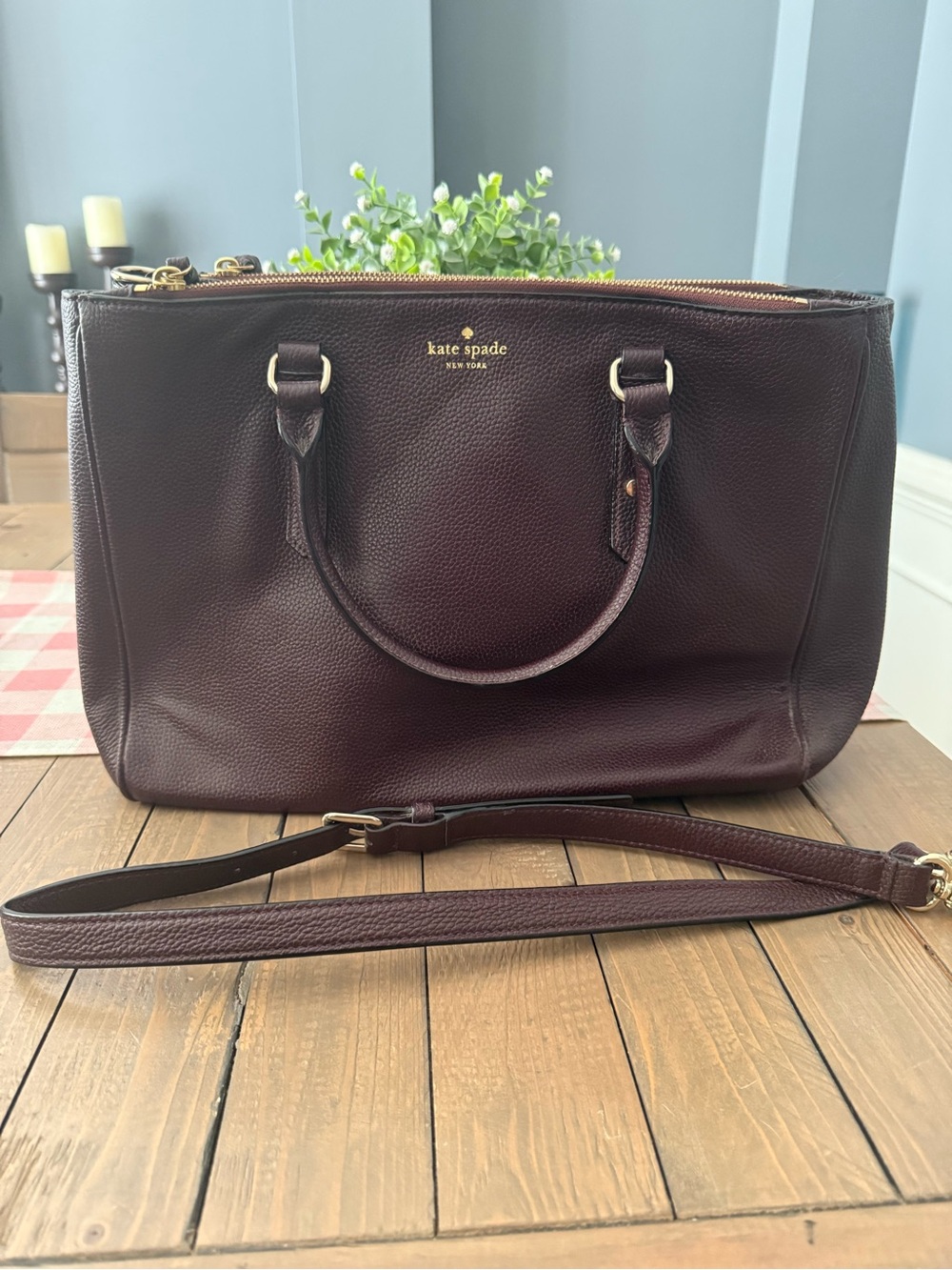 kate spade Pebbled Leather Tote in Burgundy